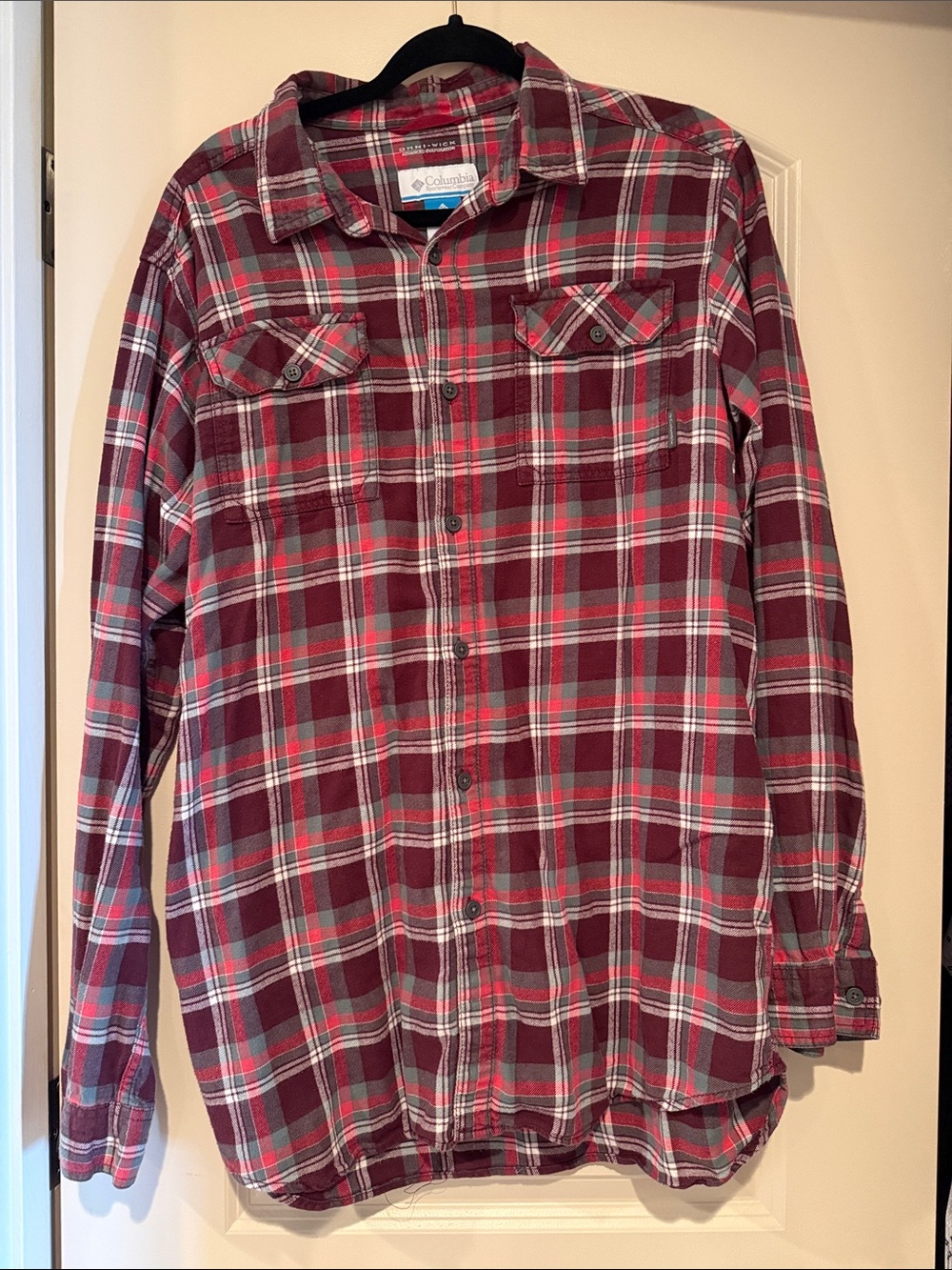 Columbia Men’s Burgundy and Red Plaid Button-Down Shirt